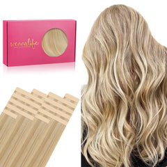 Wennalife light blonde highlighted Remy tape-in extensions close-up color match for seamless blend.