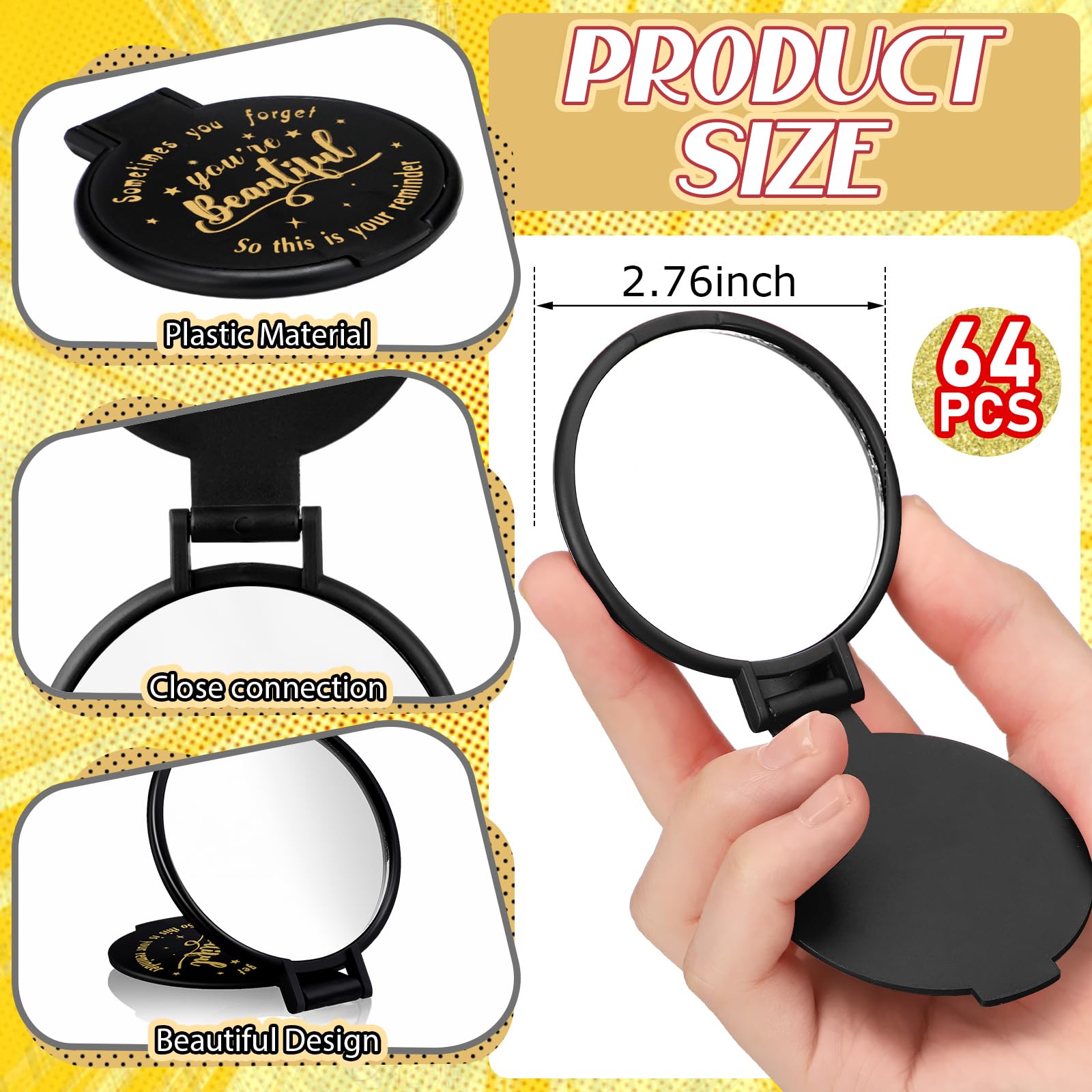 Wenqik black gold compact mirror folding design fits handbags for quick touch-ups