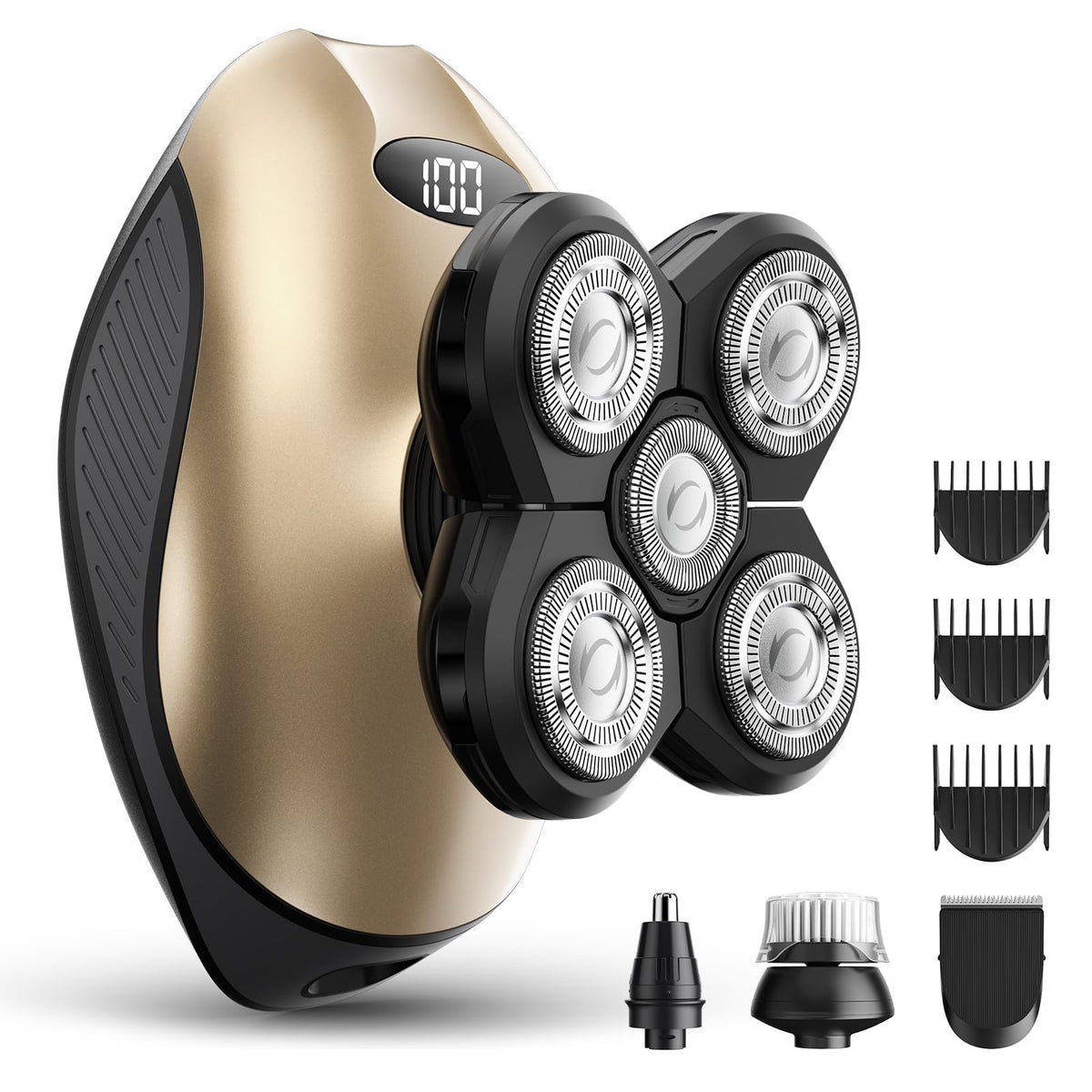 WEQOEE electric razor 5D floating-head close-up for smooth skin-friendly head shaving.