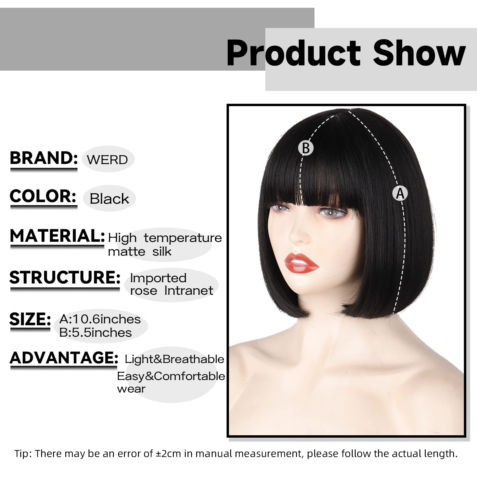 WERD cap detail of black short bob wig showing breathable rose mesh