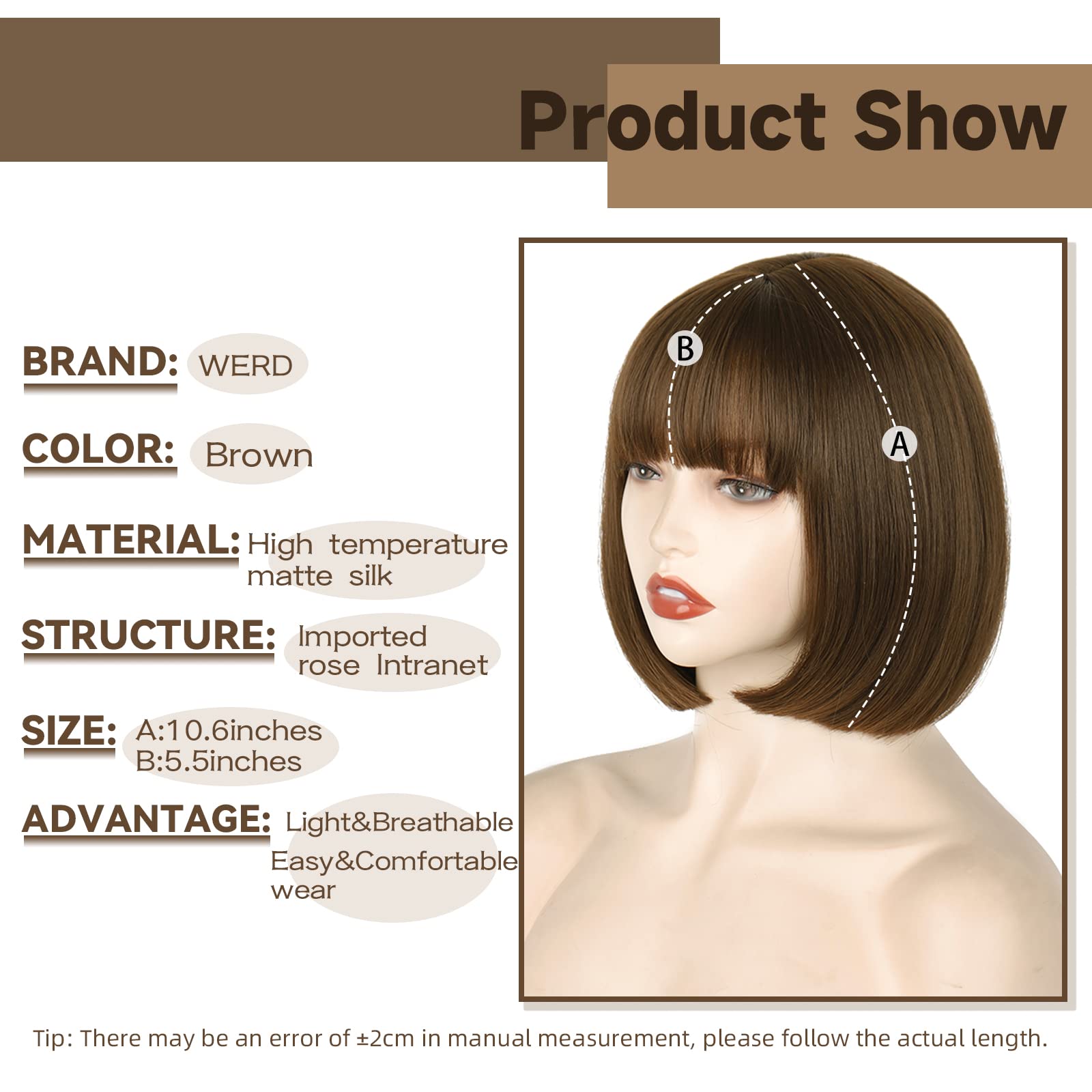 WERD brown straight bob wig with heat-resistant fiber for durable styling