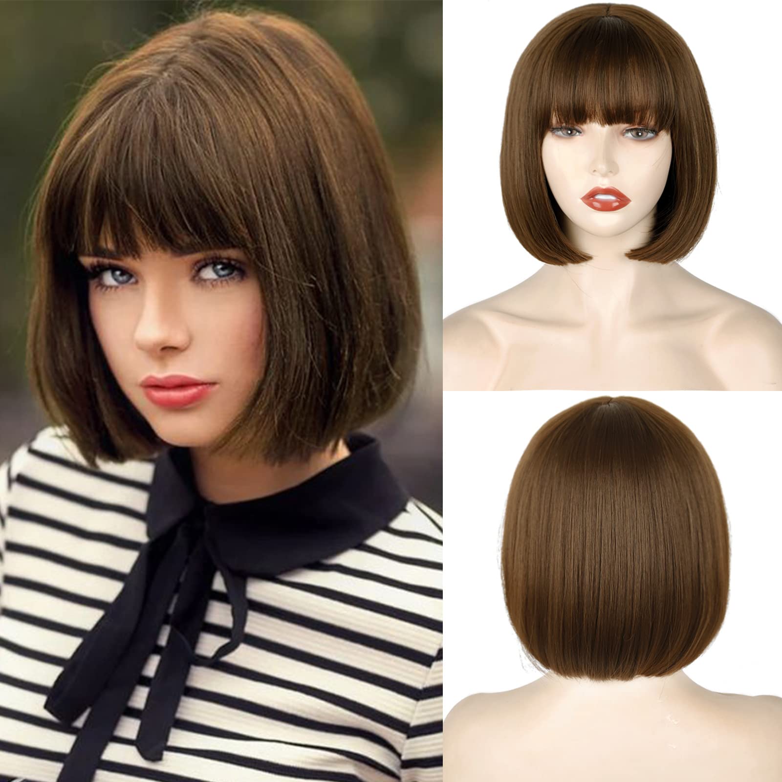 WERD short brown bob wig with bangs 10-inch for daily wear