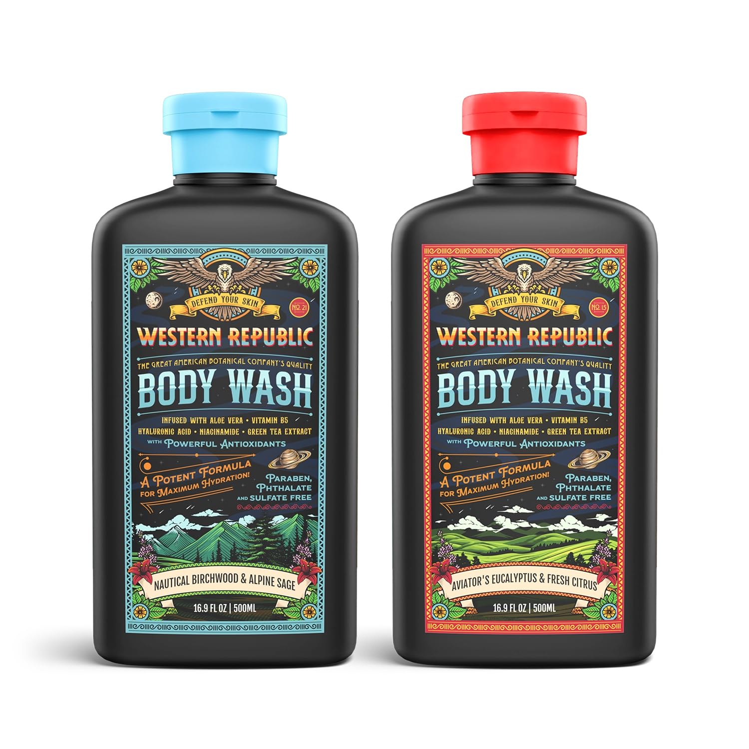 Western Republic men's body wash bottle front highlights bold scent for confident mornings.