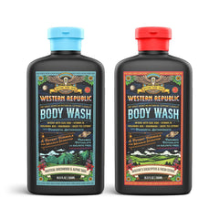 Western Republic men's body wash bottle front highlights bold scent for confident mornings.