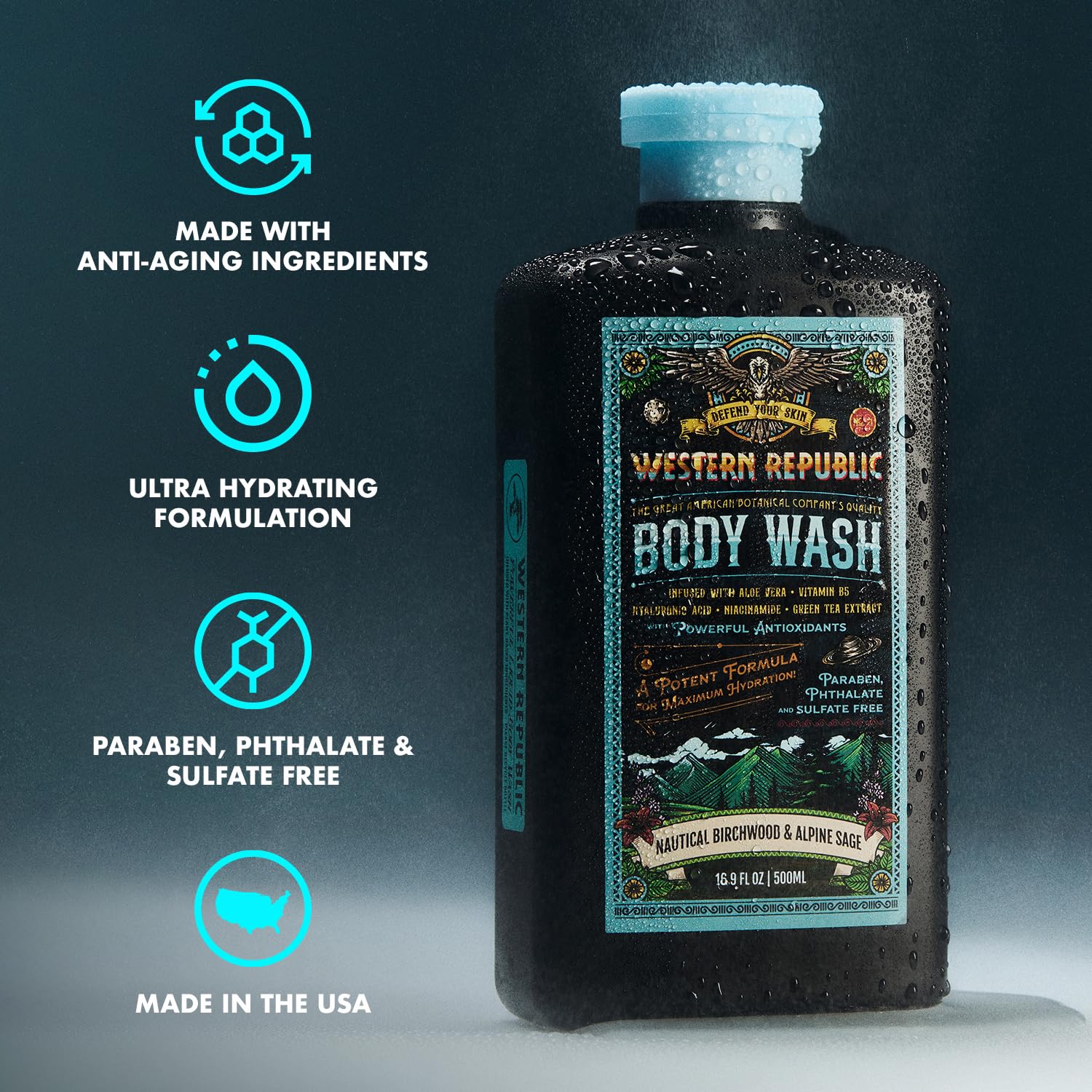 Western Republic men's body wash label closeup emphasizes clean ingredients and USA-made quality.