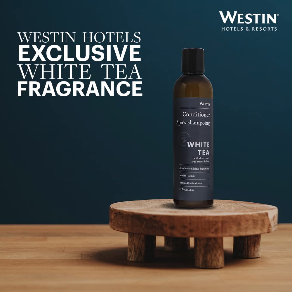 Westin White Tea Aloe Conditioner flatlay with bottle and scent notes.