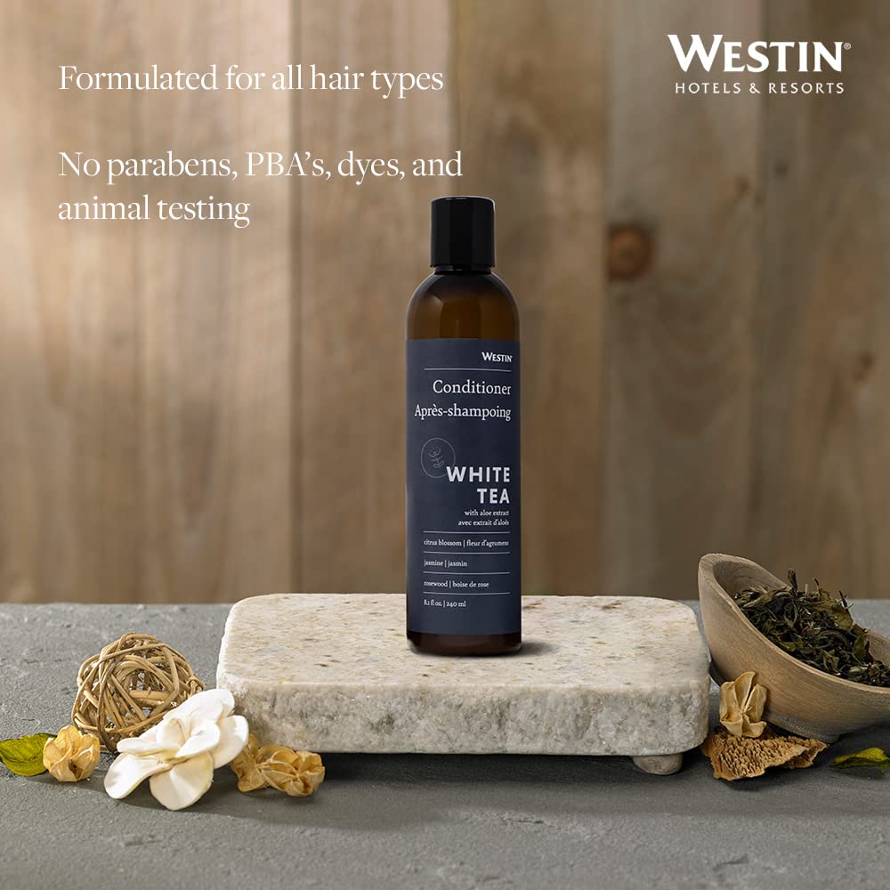 Westin White Tea Aloe Conditioner label closeup highlights its reparative, color-safe formula.
