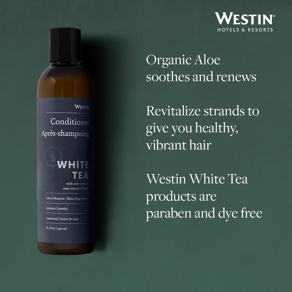 Westin White Tea Aloe Conditioner smooth-hair image suggests frizz control and shine.