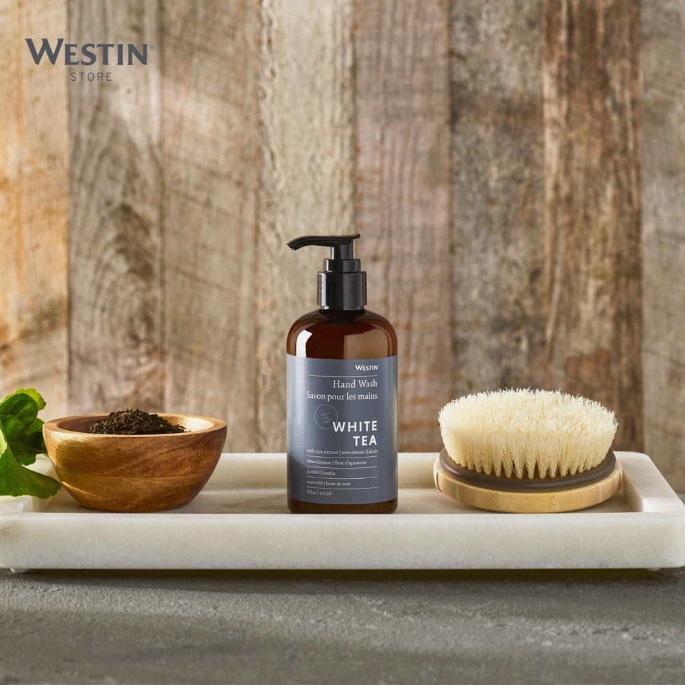 Westin White Tea Hand Soap label closeup highlighting product details.