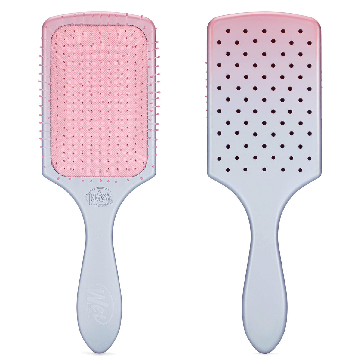Wet Brush Paddle Detangler ombre pink purple close-up shows gentle detangling for long hair.