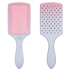 Wet Brush Paddle Detangler ombre pink purple close-up shows gentle detangling for long hair.