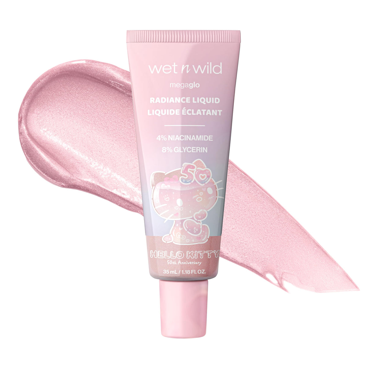 wet n wild Hello Kitty Radiance Liquid bottle with peachy glow ready for daily radiance