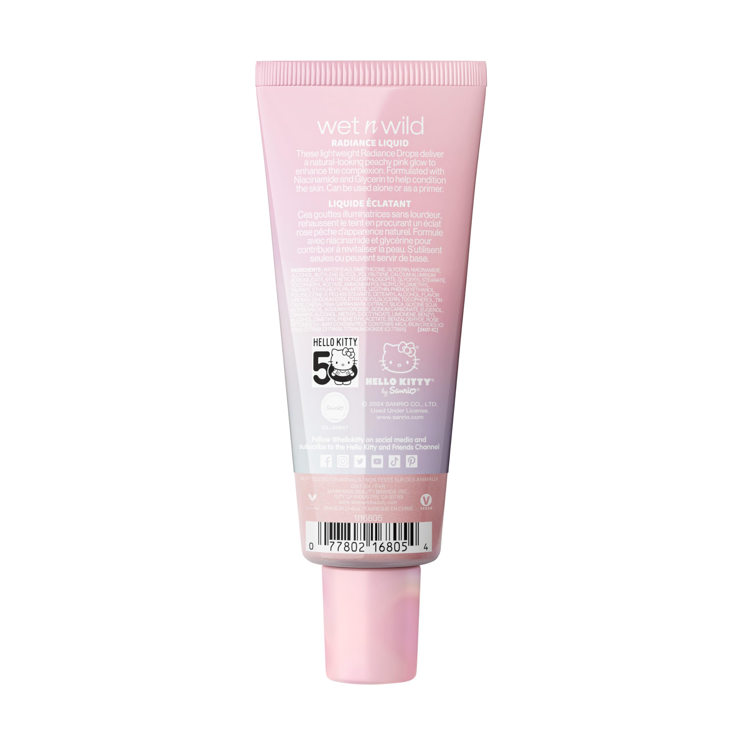 wet n wild Hello Kitty Radiance Liquid bottle highlighting Niacinamide and Glycerin