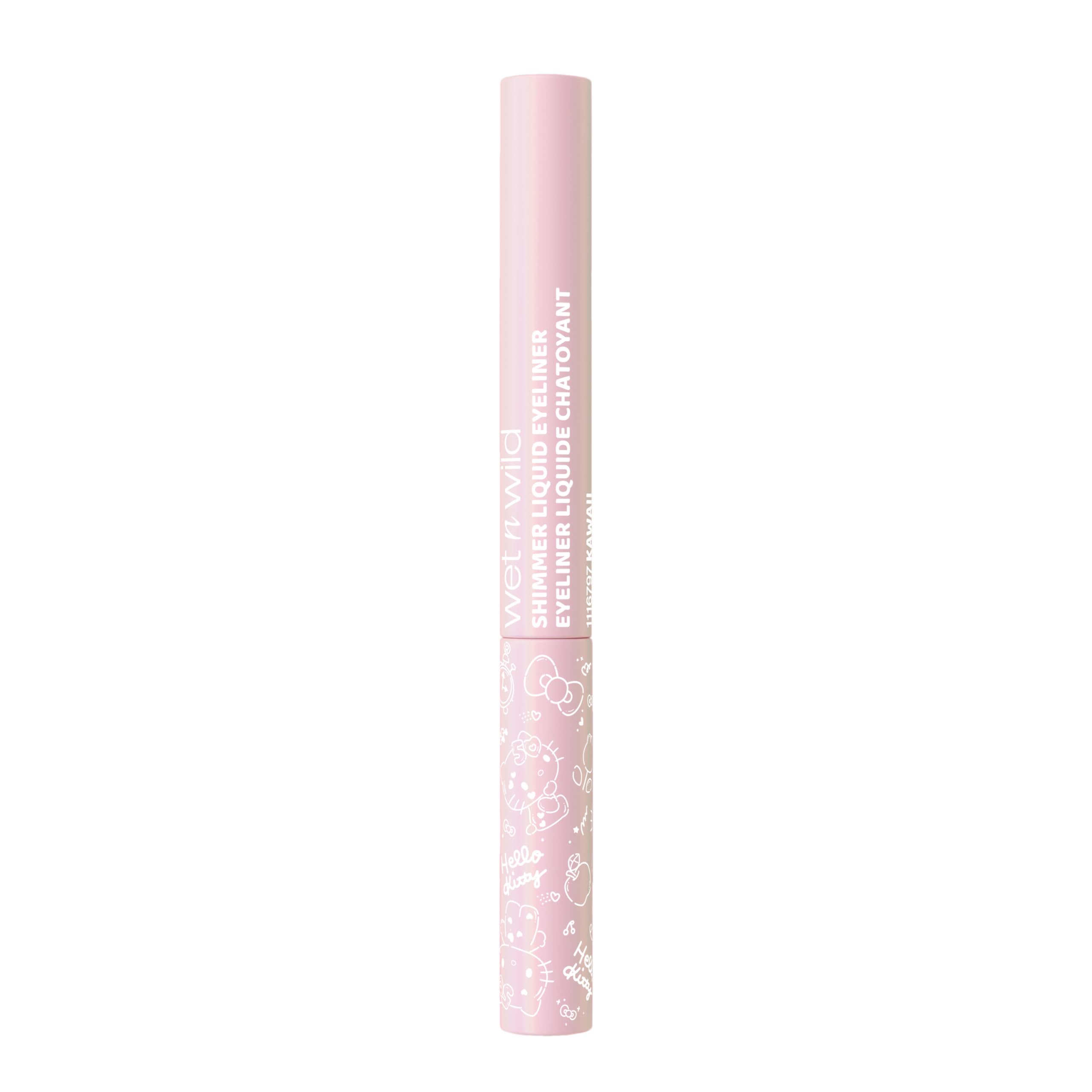 Wet n wild Hello Kitty shimmer eyeliner application on lid demonstrates smooth glide.