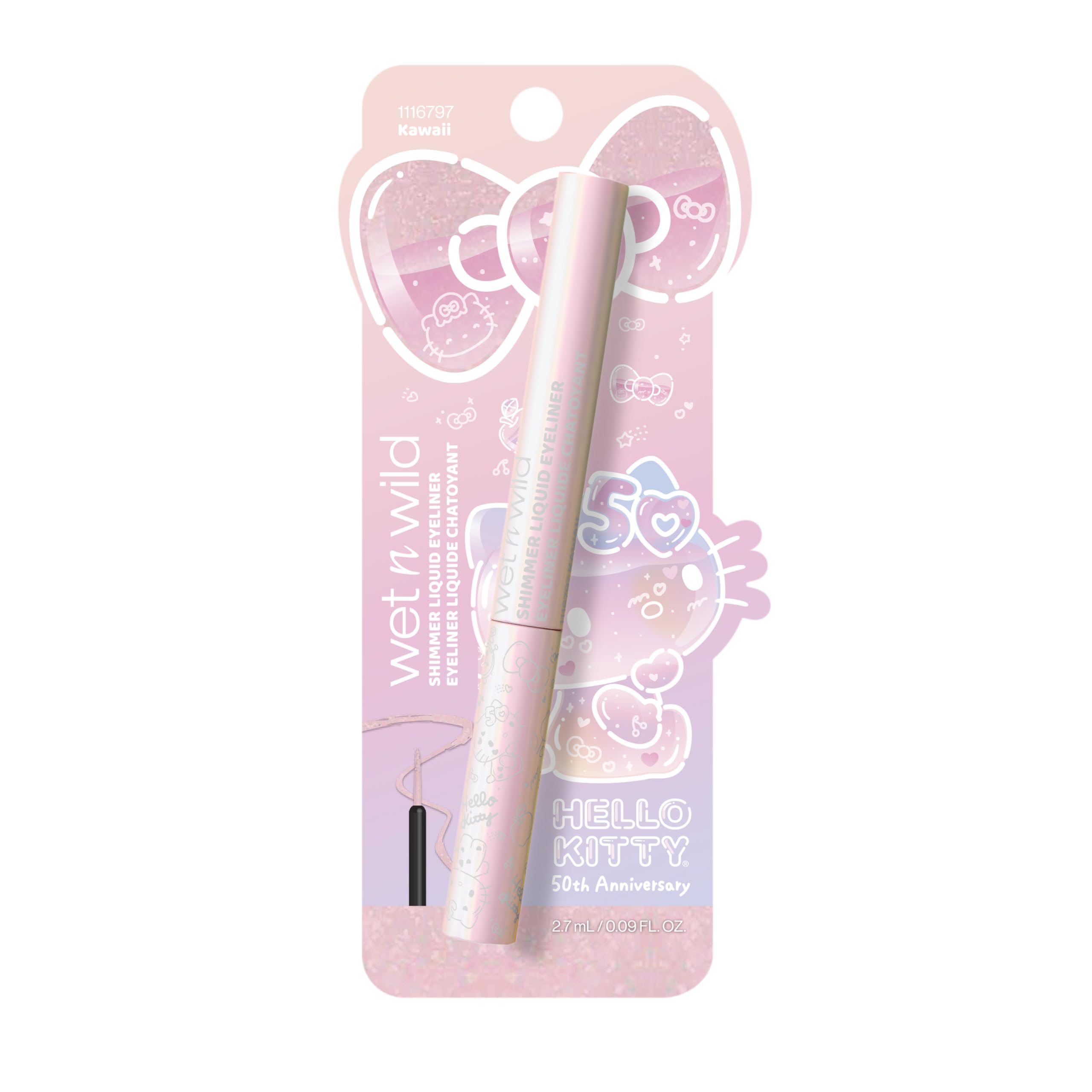 Wet n wild Hello Kitty shimmer eyeliner bottle label shows iconic branding.