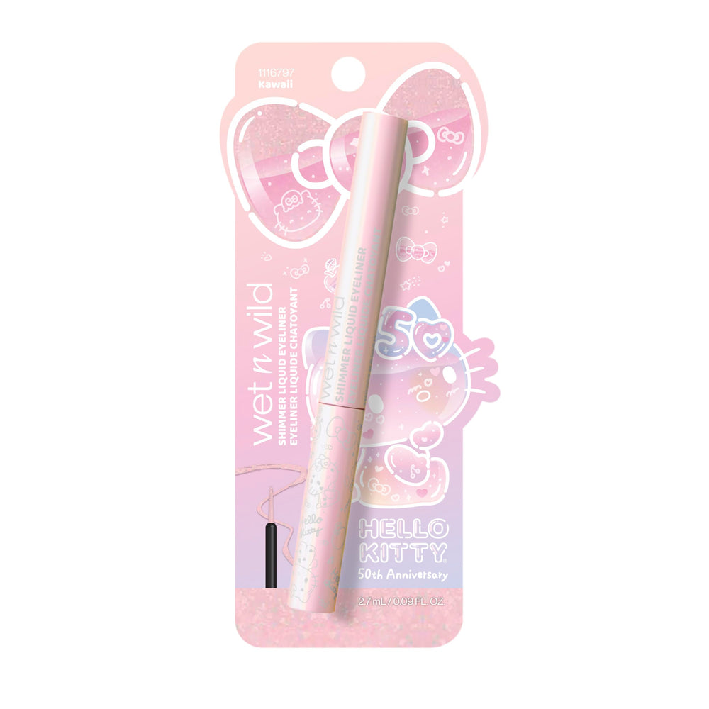 Wet n wild Hello Kitty shimmer eyeliner bottle label shows iconic branding.