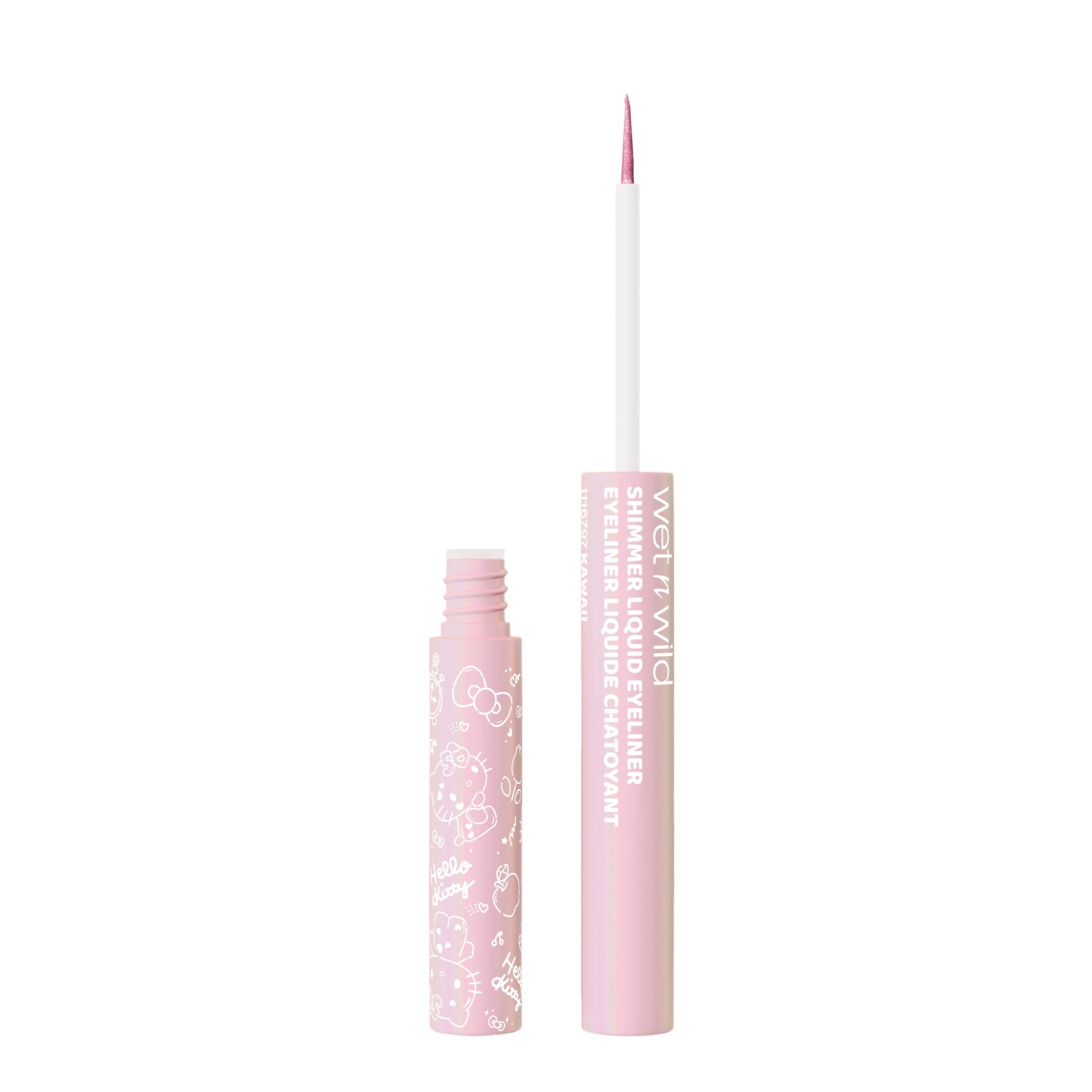 Wet n wild Hello Kitty shimmer eyeliner collection display highlights popular shades.