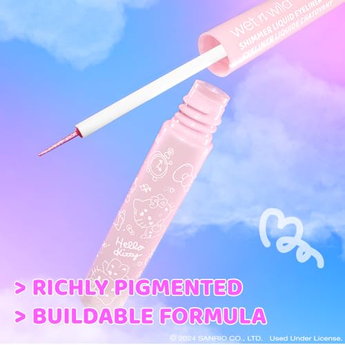 Wet n wild Hello Kitty shimmer eyeliner pink shade swatch reveals iridescent glow.