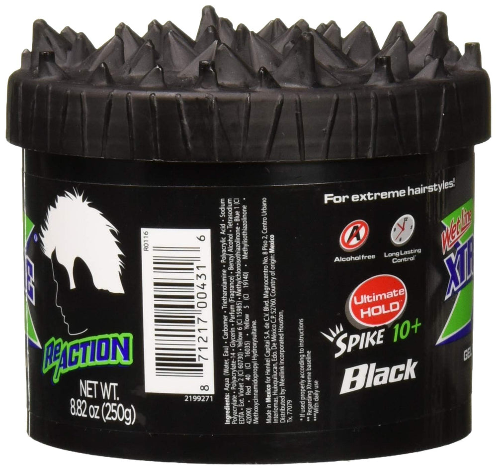 Wetline Xtreme Reaction Black Mohawk styling shows extreme hold for spikes.