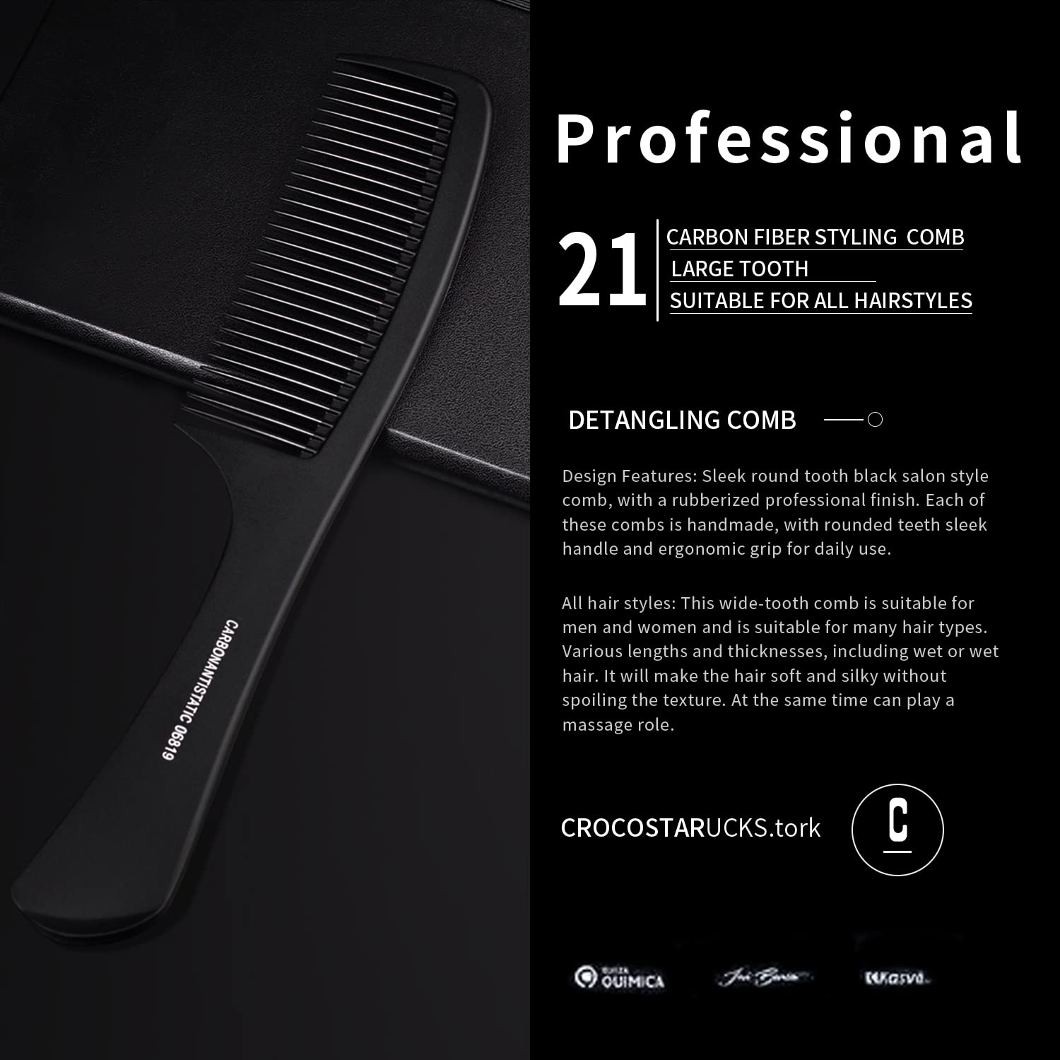 WEXNECOWKZ carbon fiber comb highlights durable carbon fiber material for long-lasting styling.
