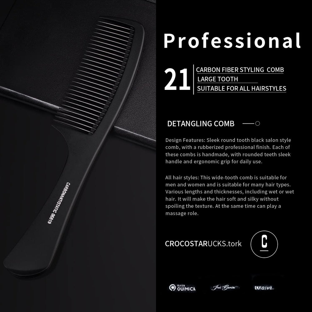 WEXNECOWKZ carbon fiber comb highlights durable carbon fiber material for long-lasting styling.