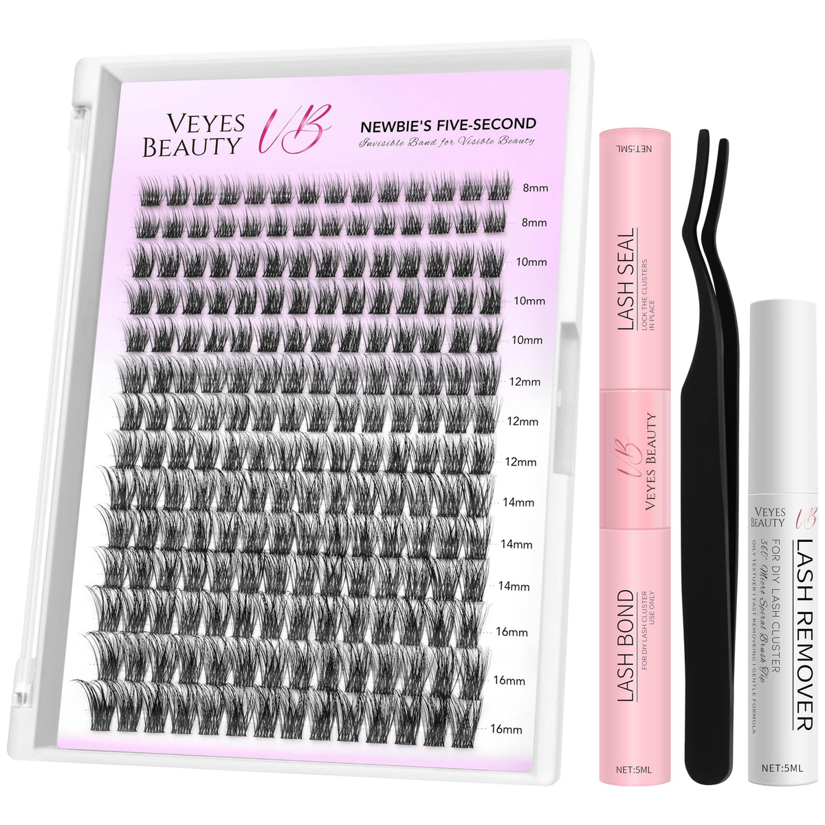 VEYESBEAUTY Dreamy Cluster Lashes tray with mixed lengths for versatile DIY extensions.