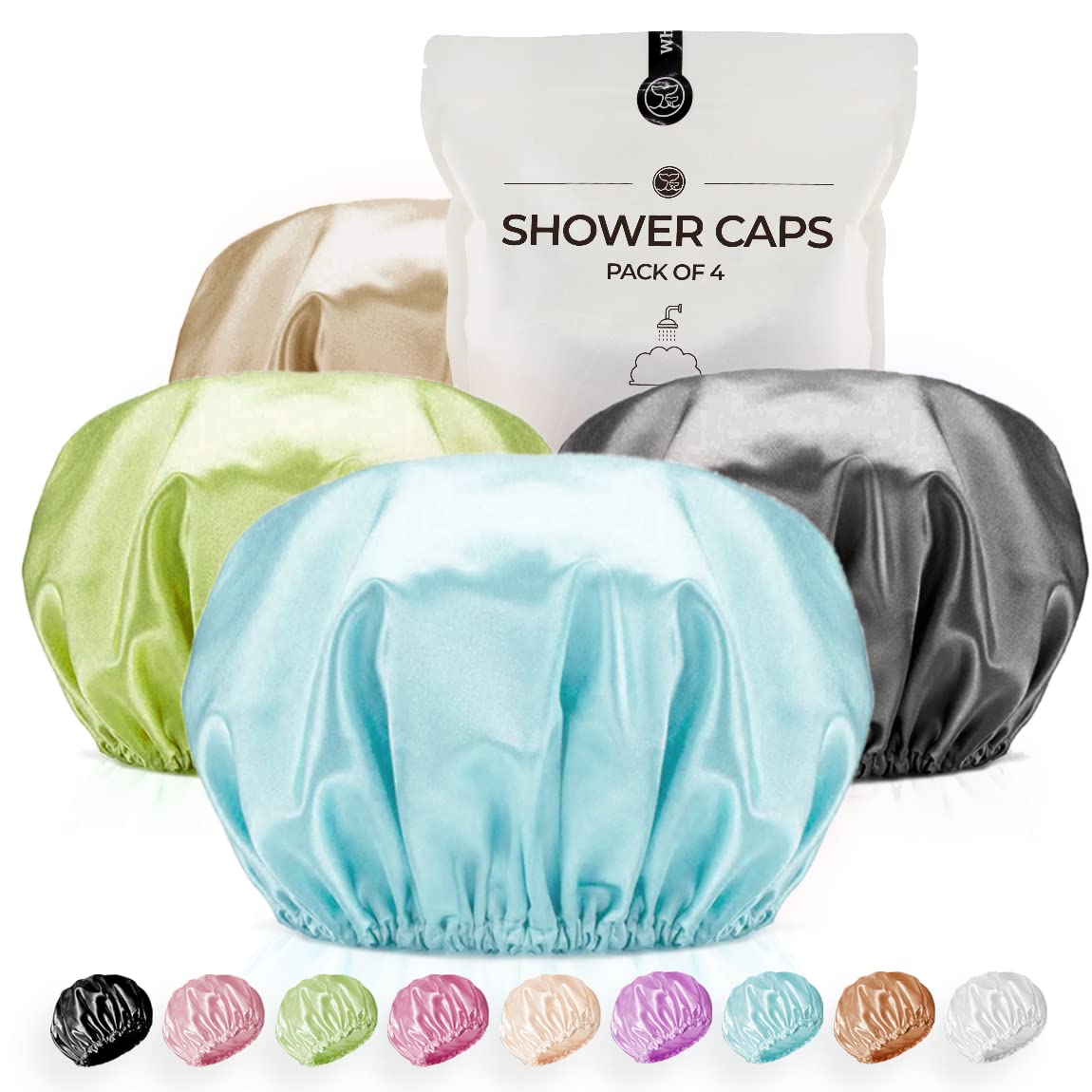 WhaleLife extra-large shower cap pack shows four colors for versatile use