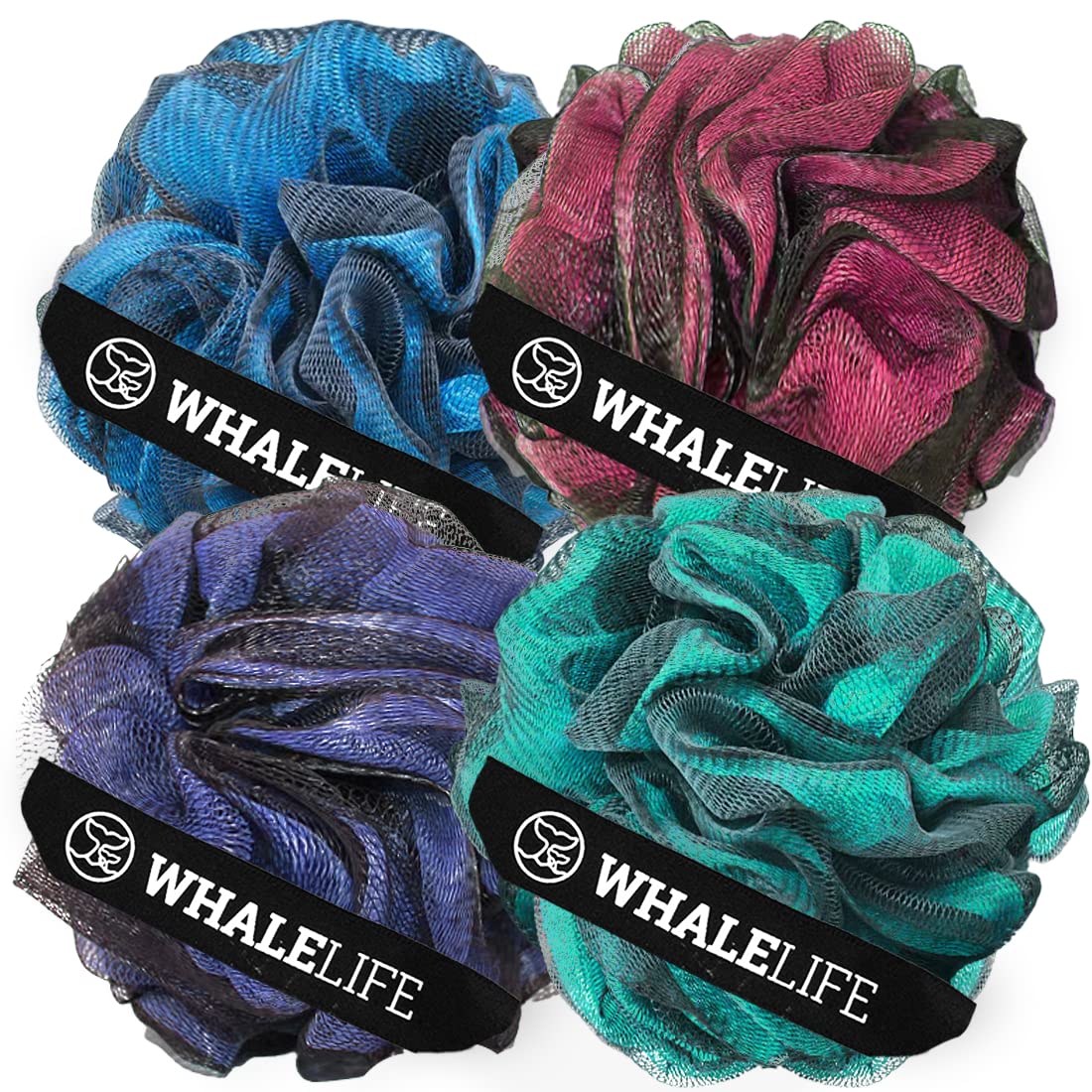 WhaleLife loofah sponge 4pack colors shows vibrant color variety for easy family use.