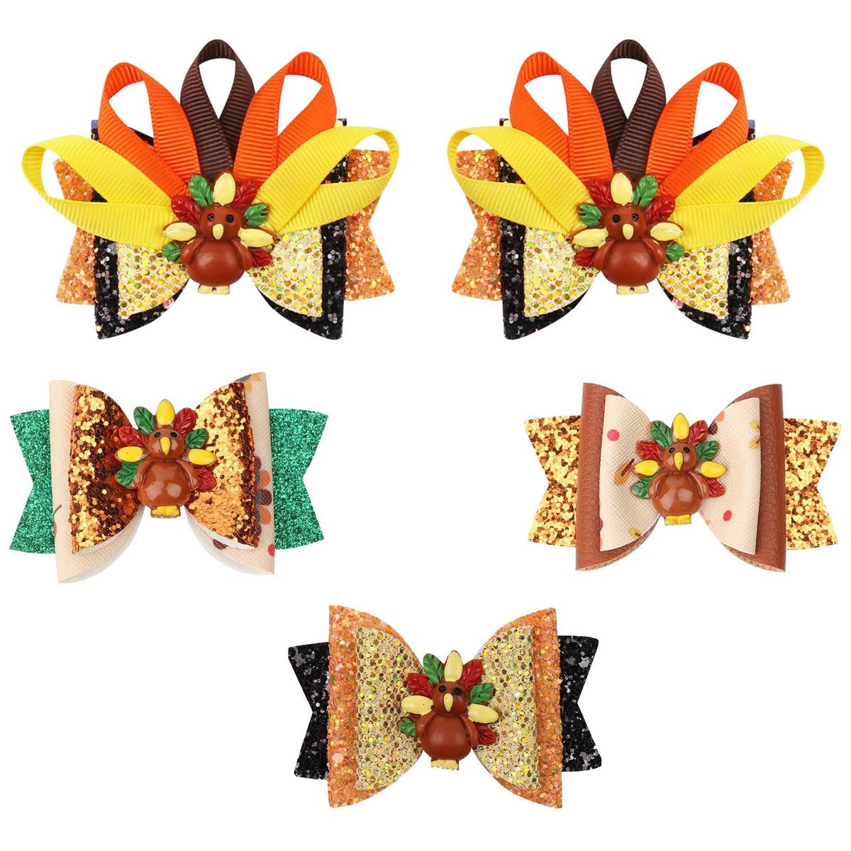 Whaline large Thanksgiving hair bow clip front view with glitter and turkey motif for festive styling.