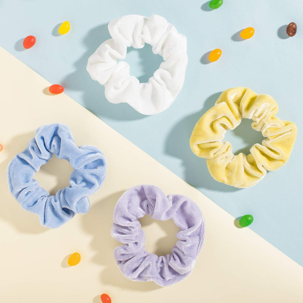 Whaline Pastel Velvet Scrunchies securing a bun with soft elasticity