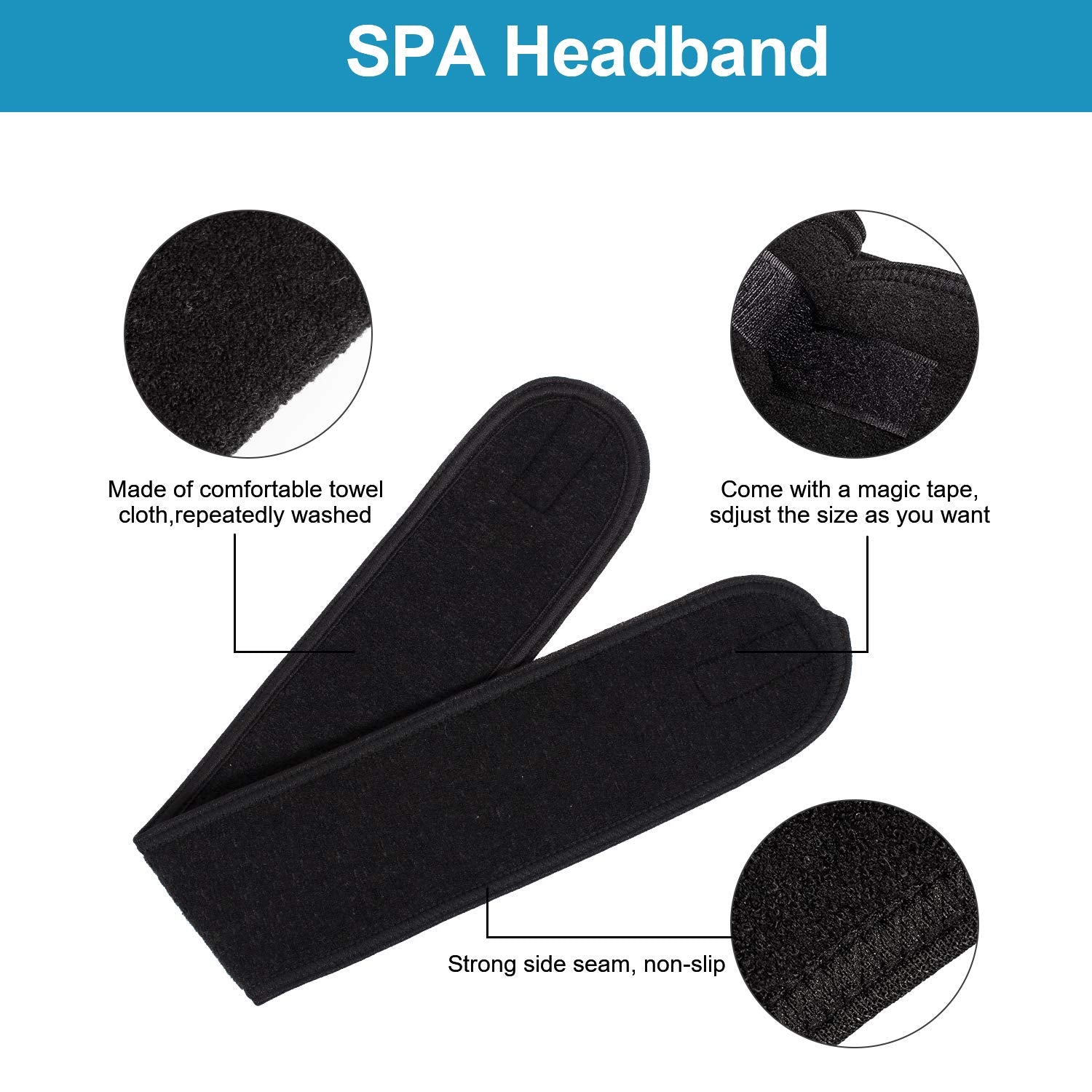 Whaline spa headband black close-up highlighting adjustable fit during cleansing.