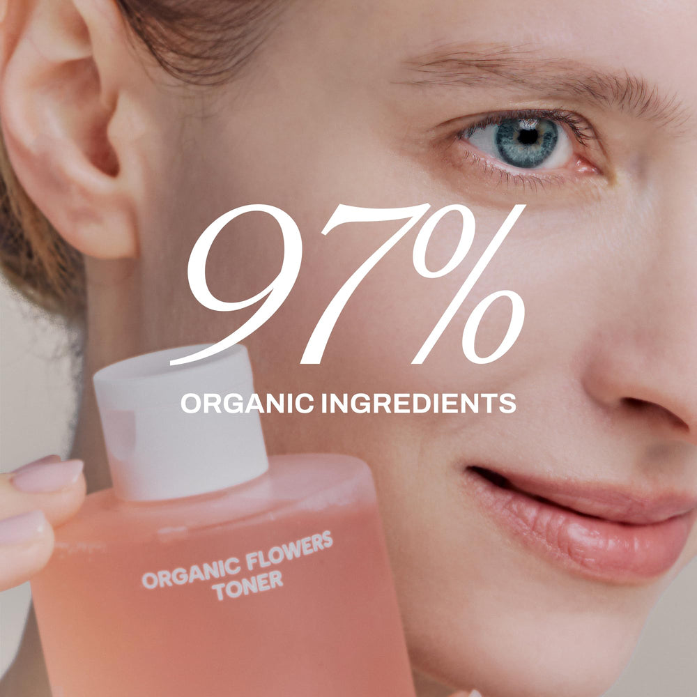 Whamisa Organic Flowers Toner label detail emphasizes COSMOS Organic certification and vegan ethics