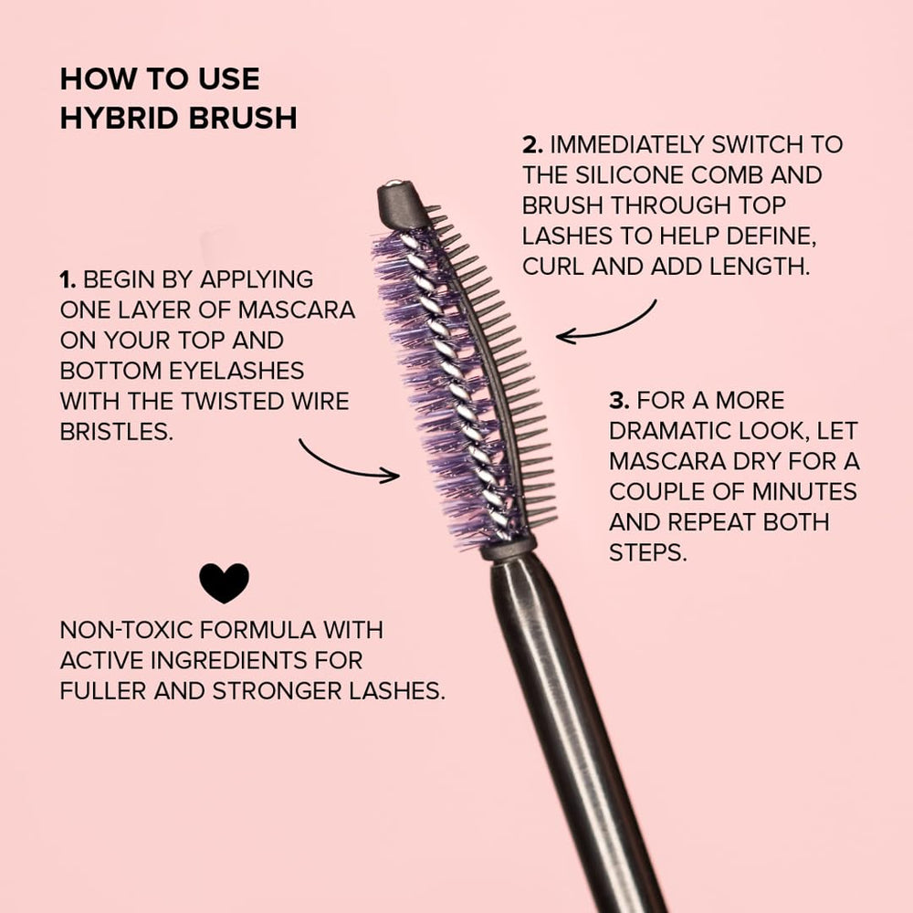 Whats Up Nails Watch Me! mascara close-up reveals twisted bristles and silicone comb for curl and definition