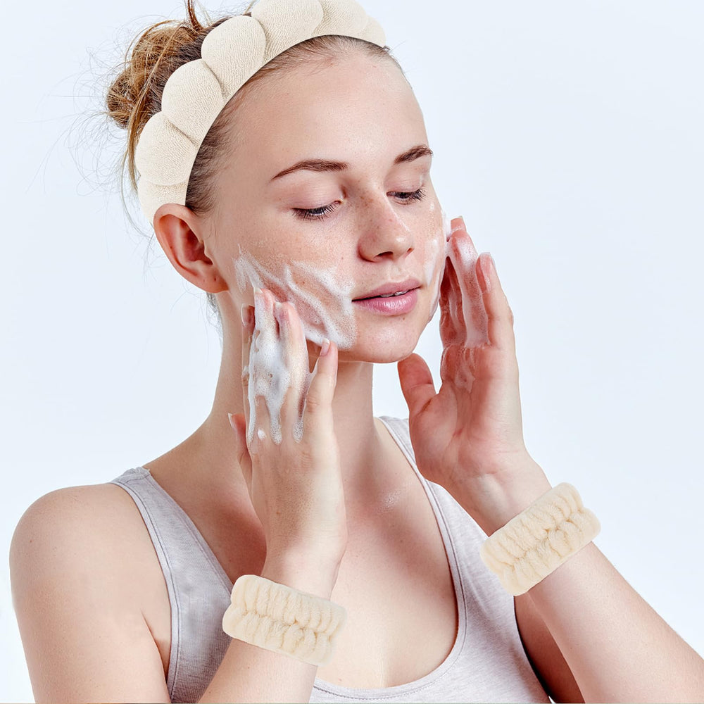 WHAVEL cloud-puff headband light coffee keeps hair organized during makeup removal.