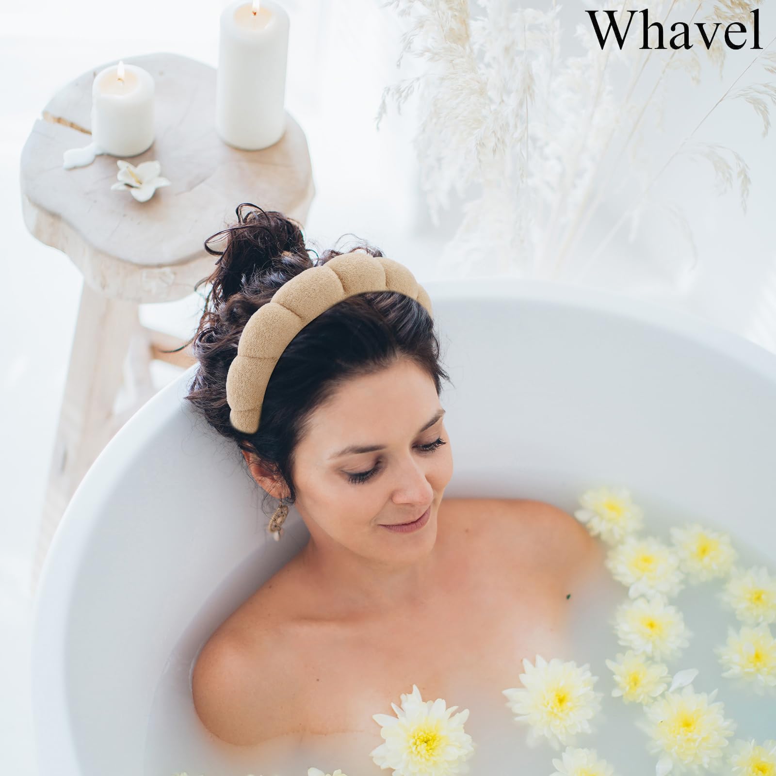 WHAVEL spa headband black close-up demonstrates comfortable stretch for most heads.