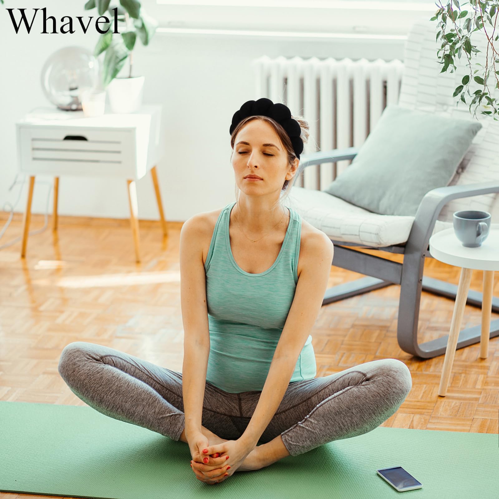 WHAVEL spa headband worn during washing face shows hair uplift and splash protection.