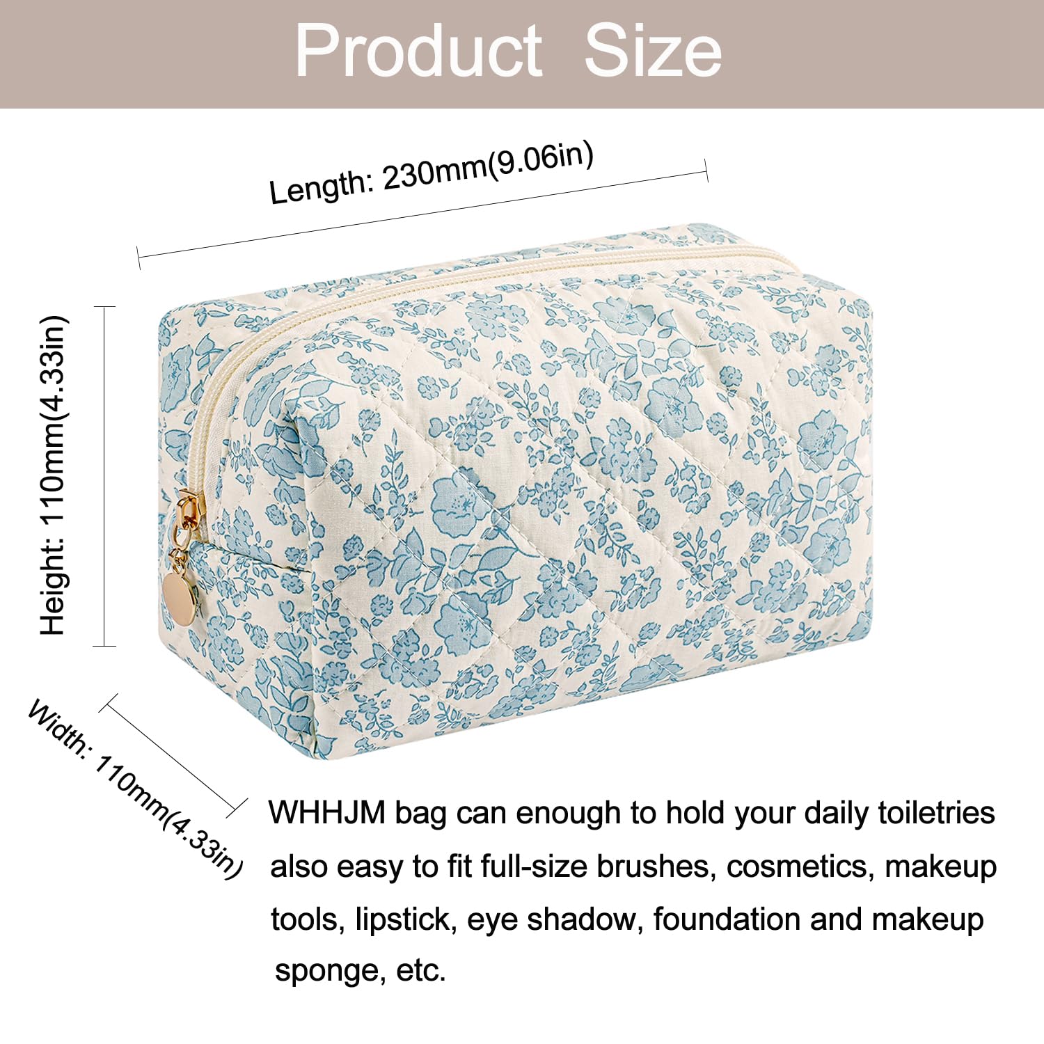 WHHJM blue floral pattern bag with zipper for daily use