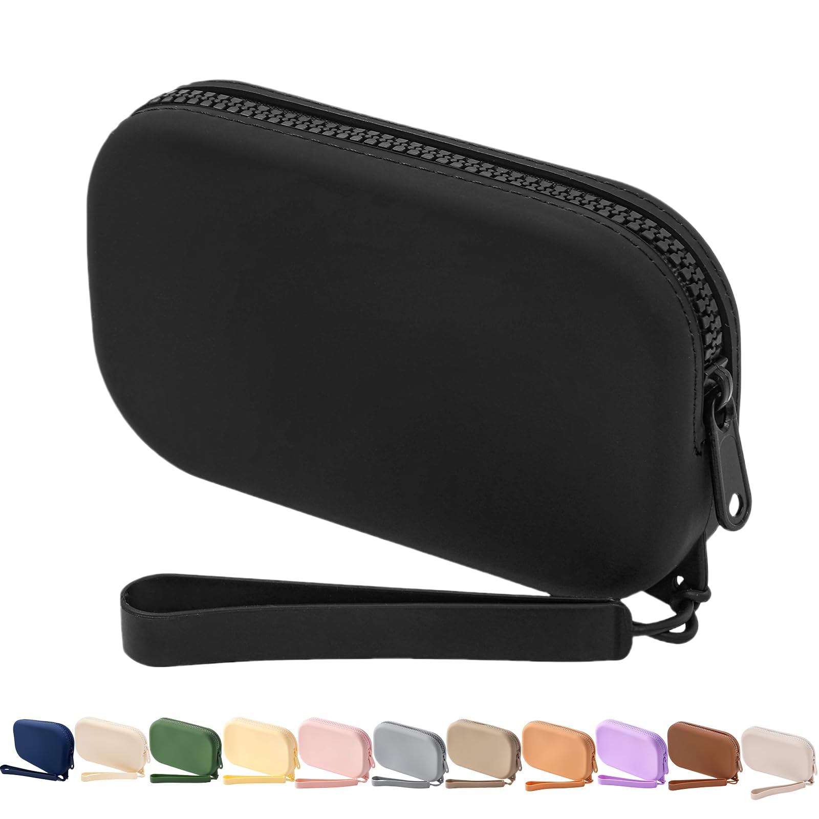 WHHJM Small Silicone Makeup Bag in black offers compact on-the-go cosmetics storage.