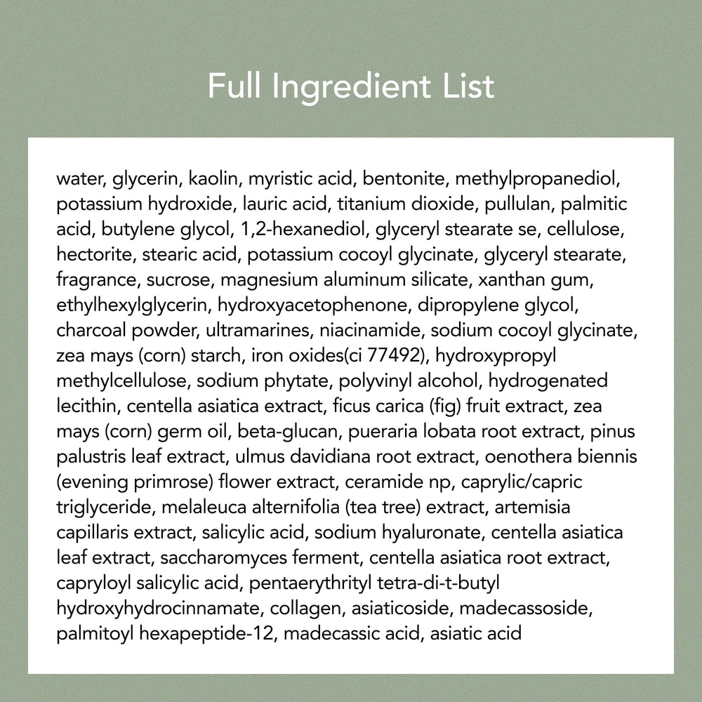 Whipped Semo charcoal clay face wash mugwort ingredient closeup implies calming detox benefits.