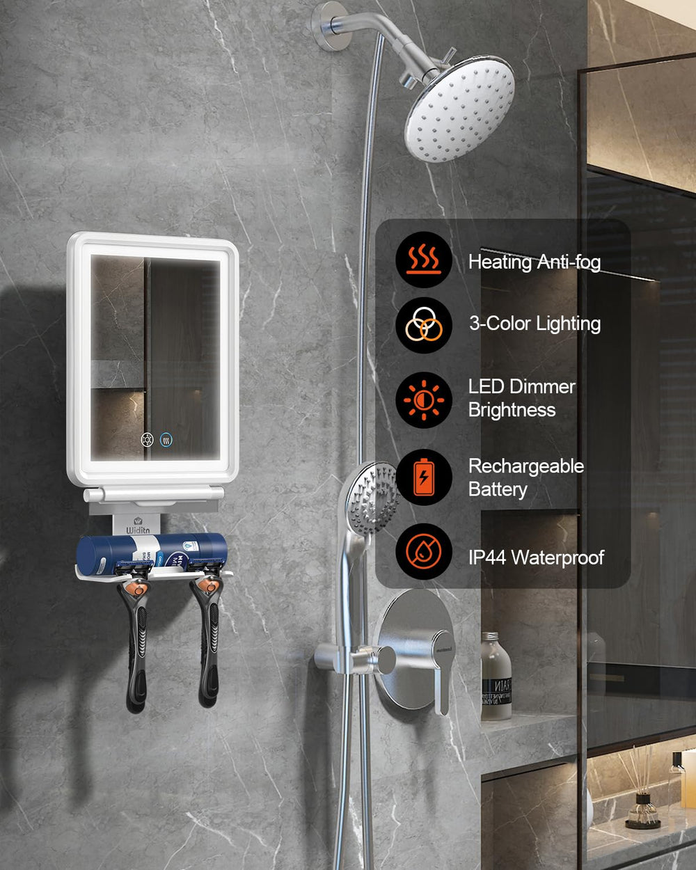 Widitn heated shower mirror waterproof-frame supports durable shower setup.