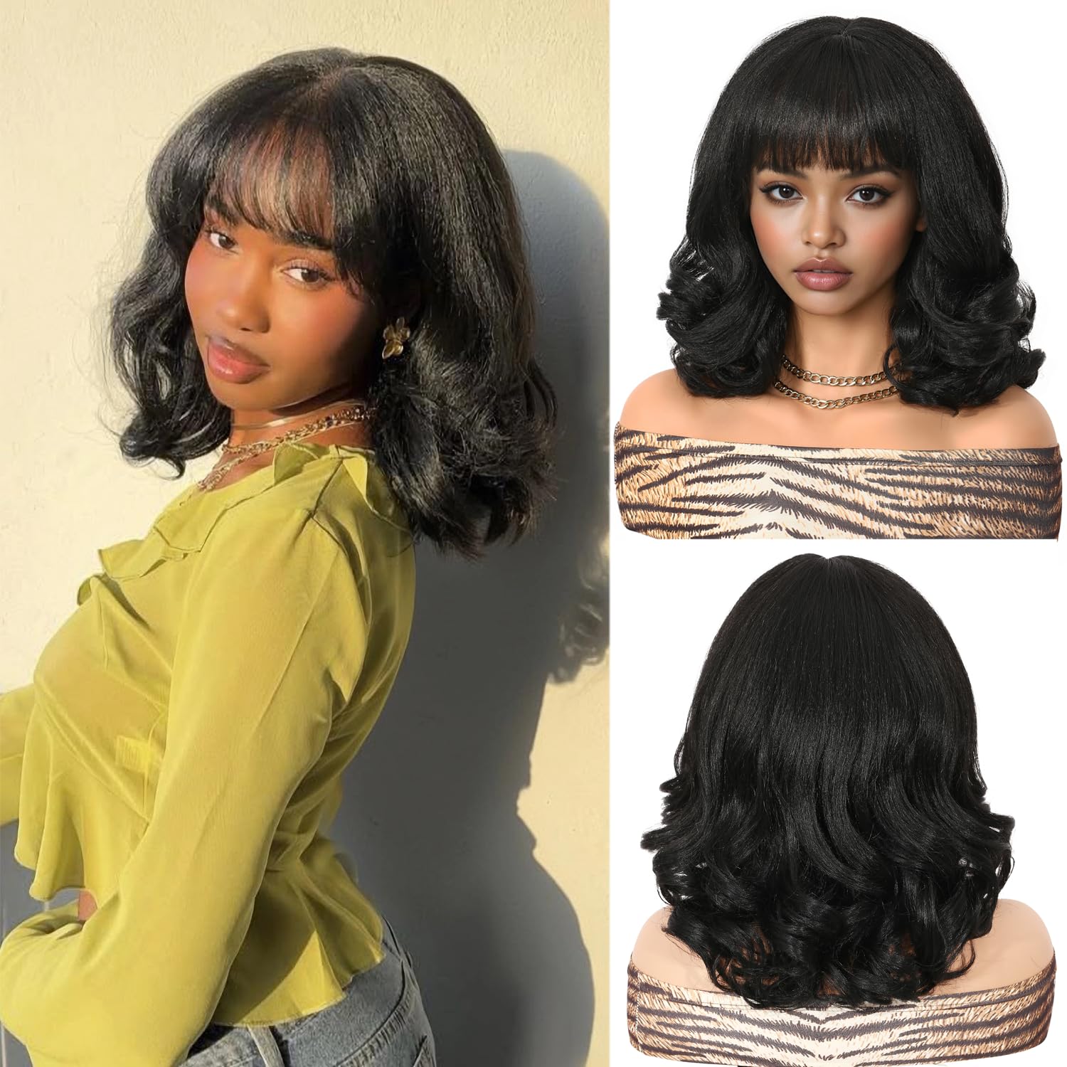 WIGER Yaki texture wavy wig with bangs front view showcases natural daily wear.