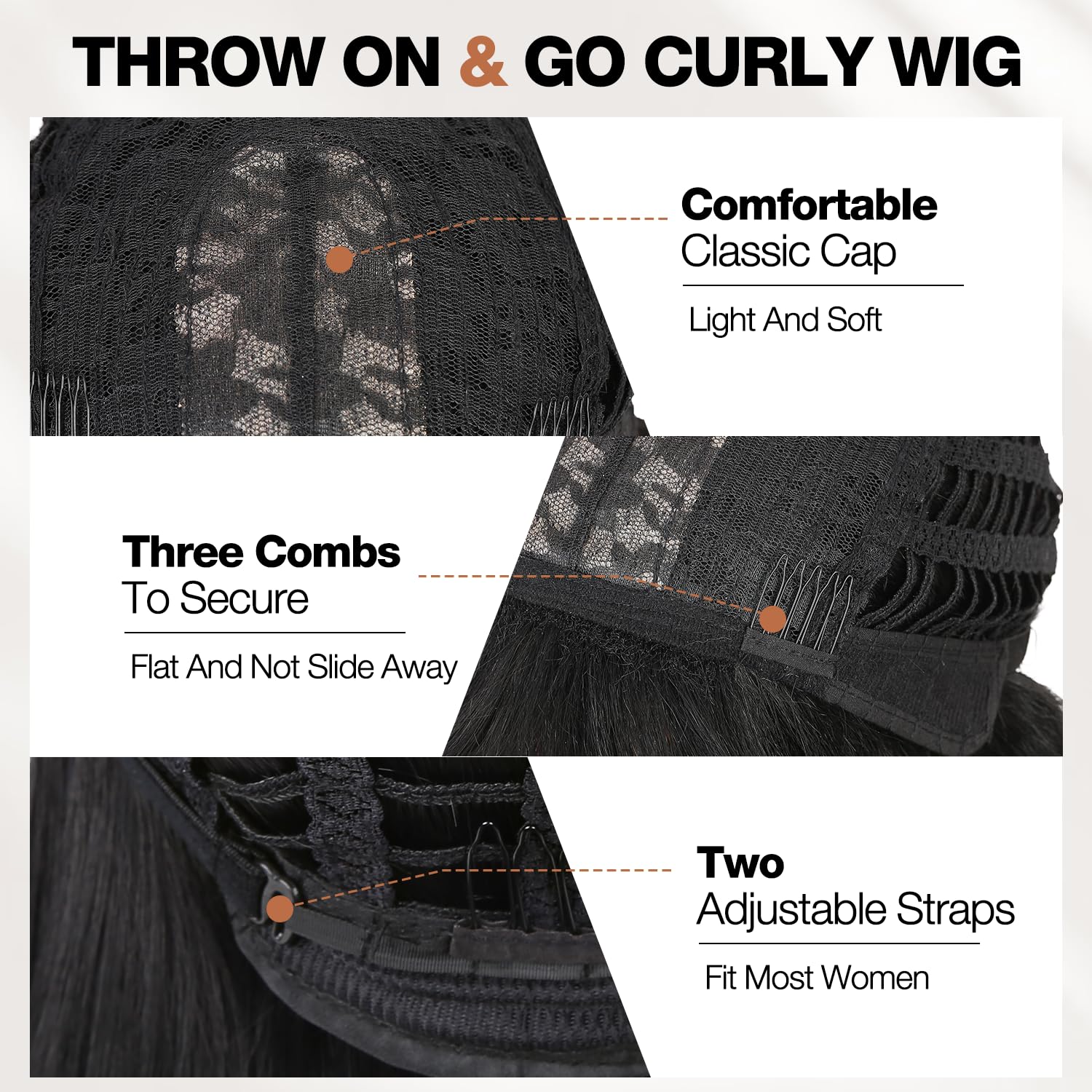 WIGER Yaki texture wavy wig bangs trim-and-fit displays easy customization.