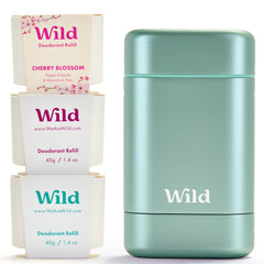 Wild Aqua Case front view shows refillable deodorant in a sleek aluminum case for everyday freshness.