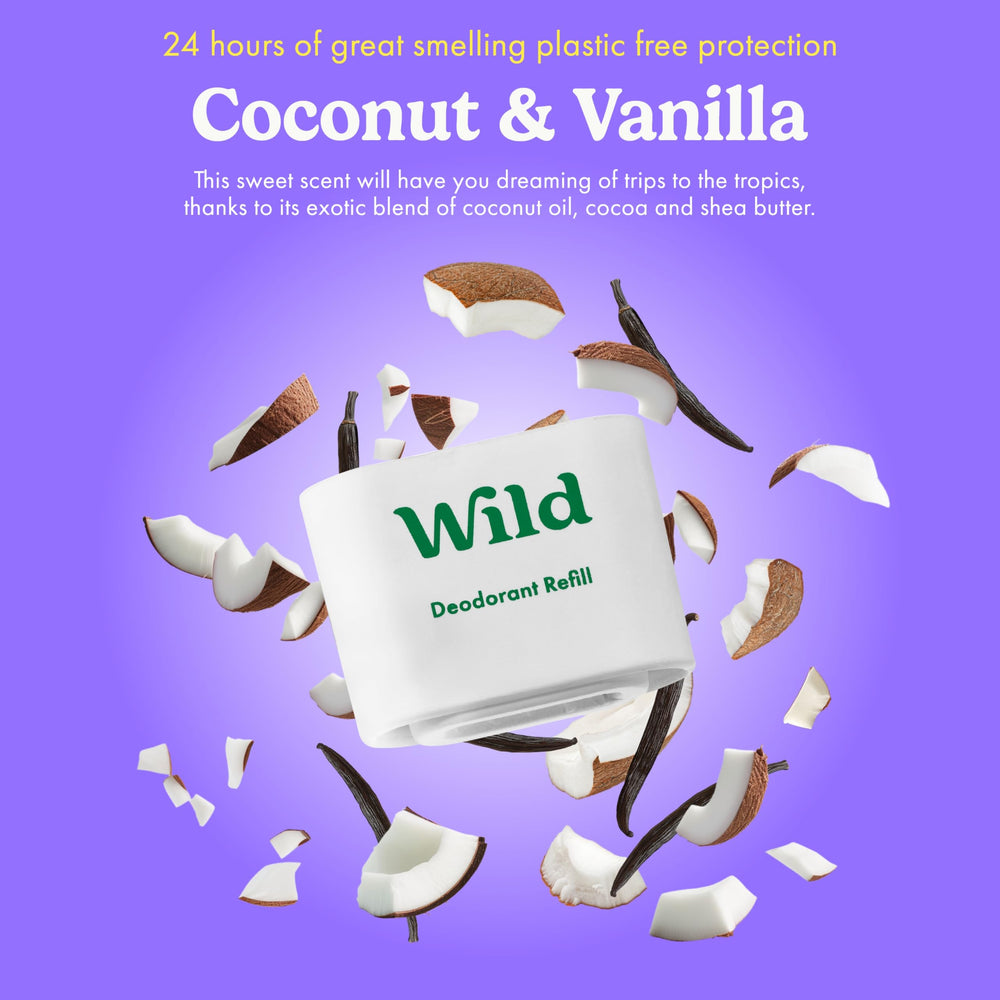 Wild Coconut & Vanilla deodorant emphasizes creamy, comforting aroma for smooth skin feel.