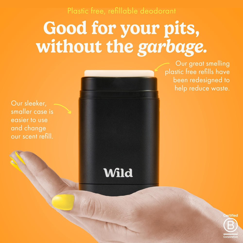 Wild deodorant refill bamboo pulp highlights eco-friendly refill system that reduces waste.
