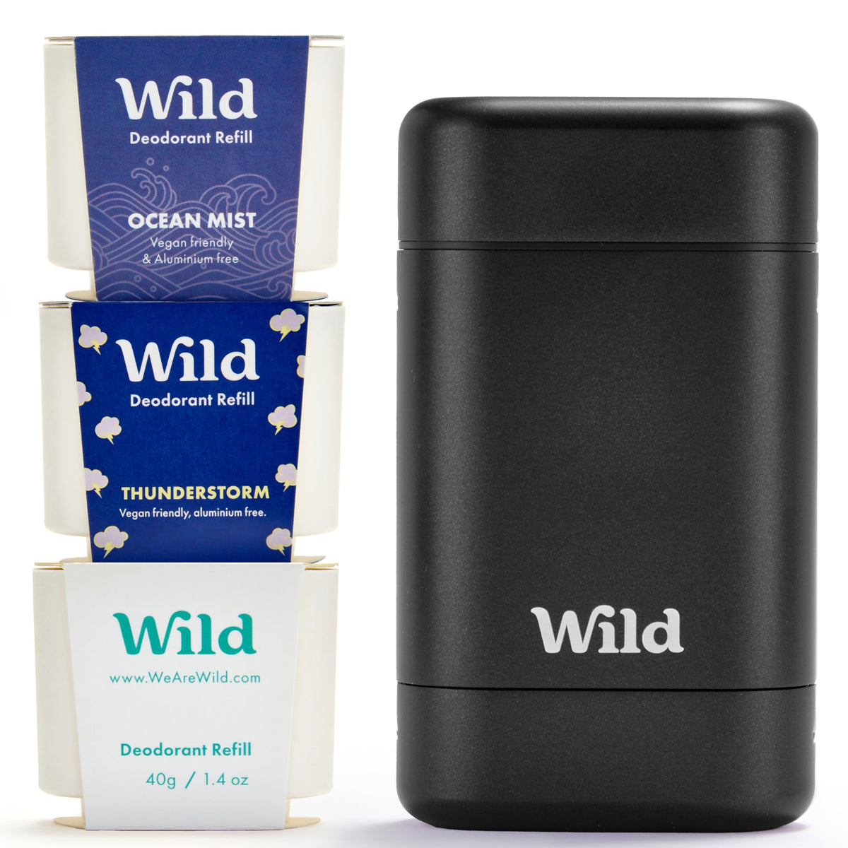 Wild deodorant starter kit in black case showing durable, reusable design for daily use.