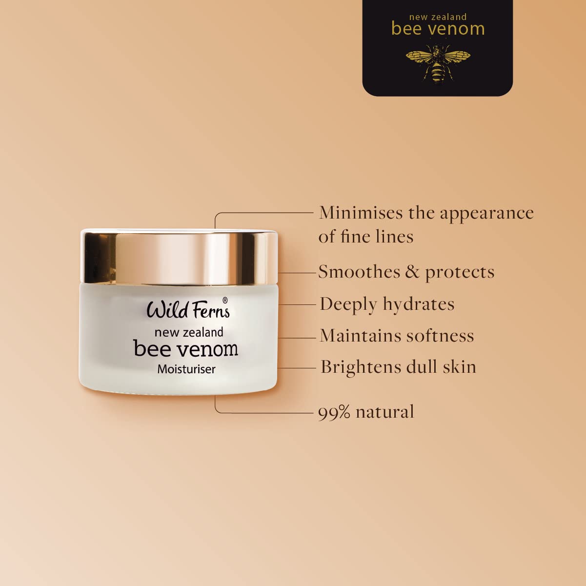 Wild Ferns bee venom moisturiser jar close-up shows creamy texture and Manuka honey richness