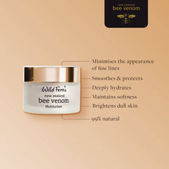 Wild Ferns bee venom moisturiser jar close-up shows creamy texture and Manuka honey richness