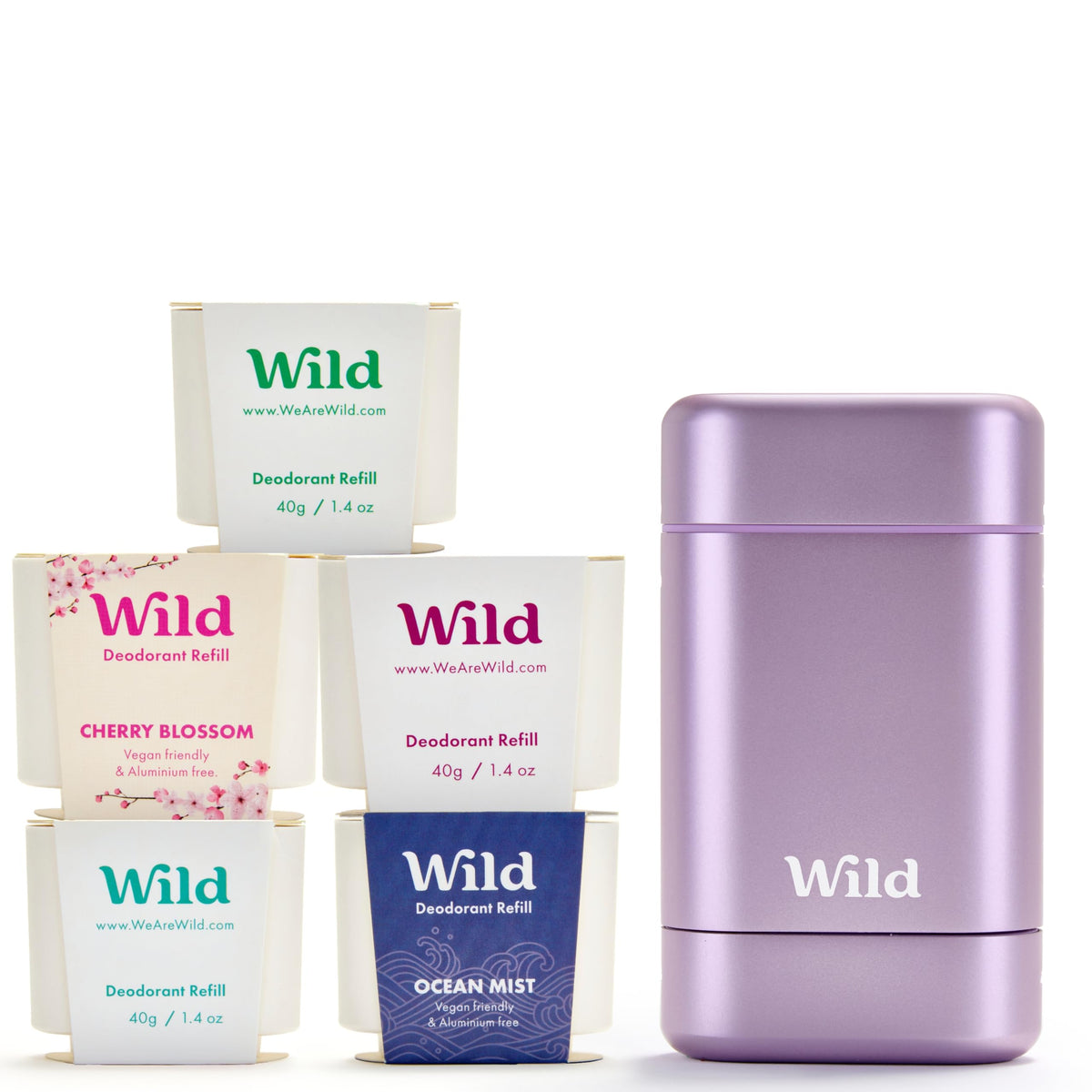 Wild Full Monty Starter Kit in purple case promotes eco-friendly, reusable deodorant routines