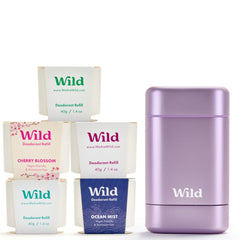 Wild Full Monty Starter Kit in purple case promotes eco-friendly, reusable deodorant routines